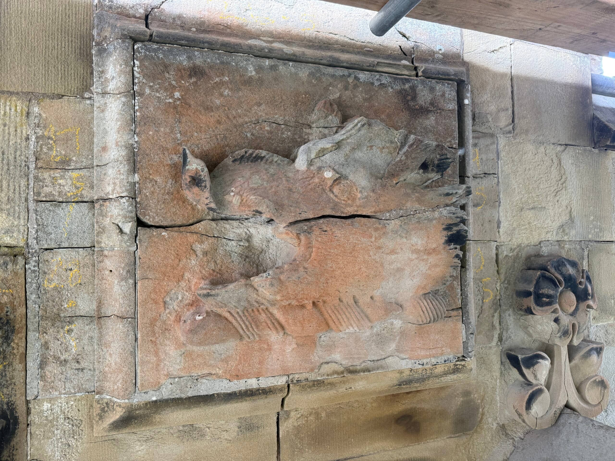 The south-facing boar, has deteriorated significantly and will need to be replaced, while the north-facing boar, right, remains in much better condition and even retains its original lead tusk.